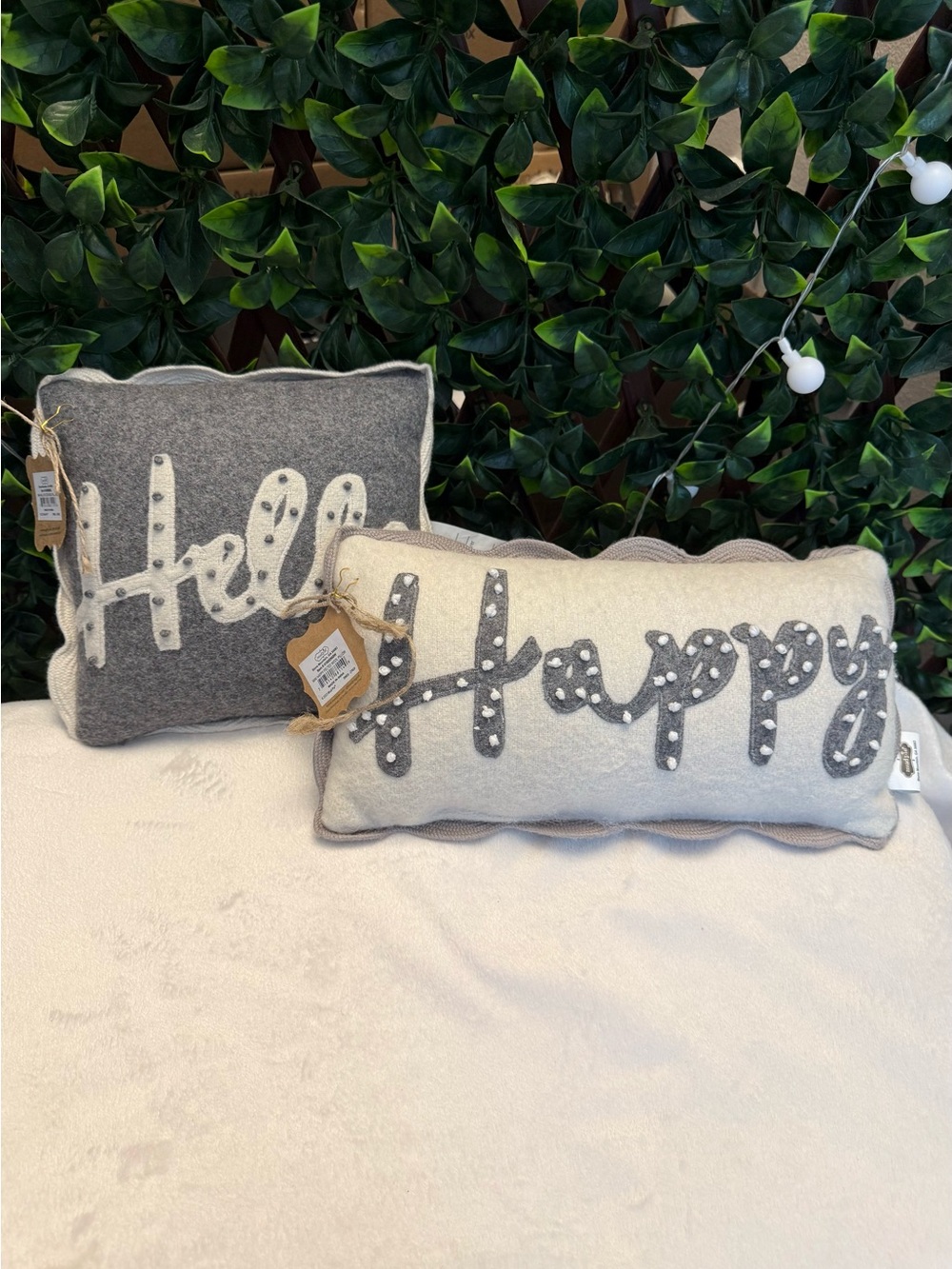 Mud Pie Gray and Cream 'Hello' and 'Happy' Decorative Pillows